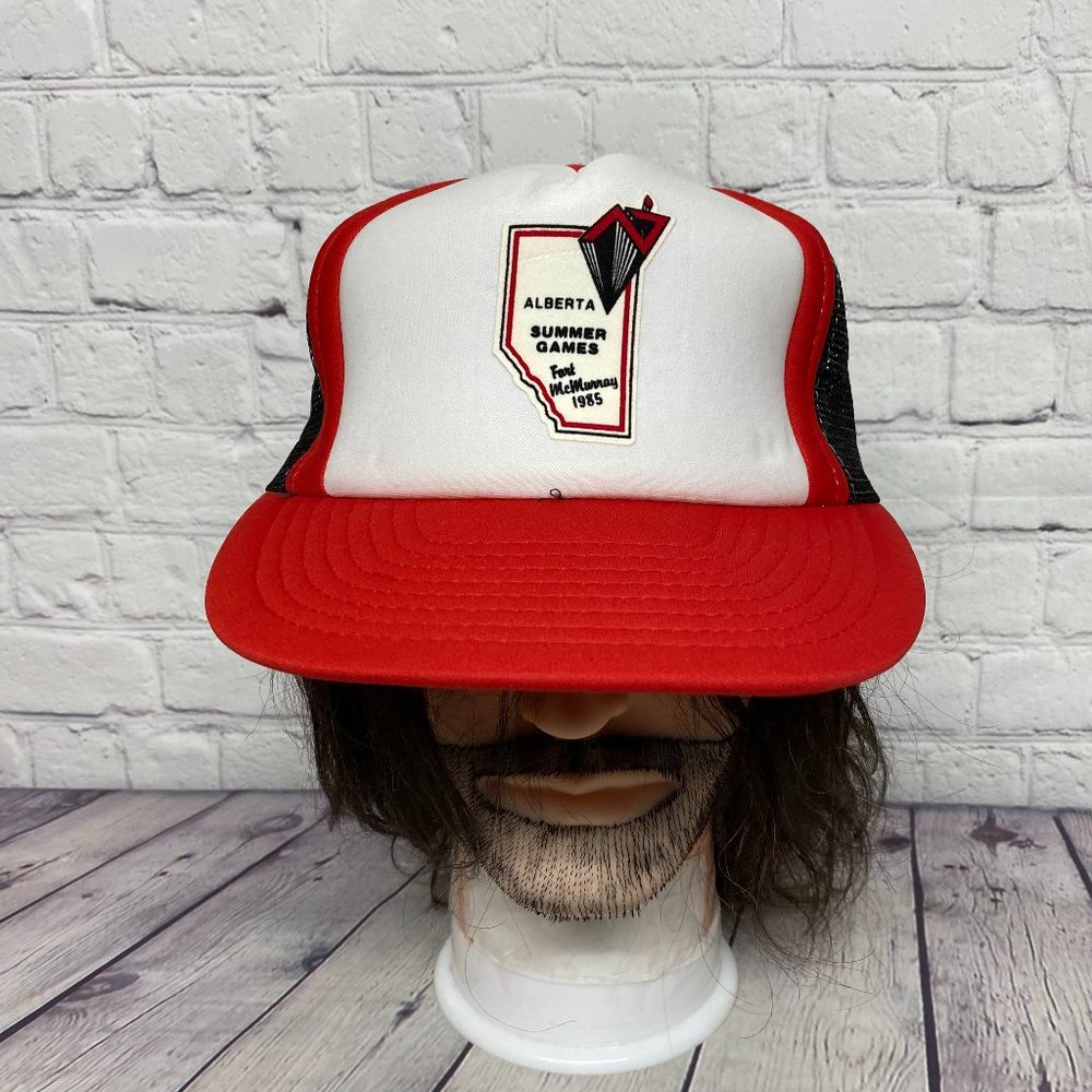 Vintage Trucker Hat Mesh Cap Snapback White Red Black Alberta Summer Games 1985